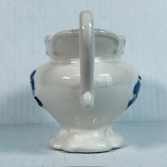 Vintage Folk Art Creamer/ Small Pitcher Ceramic Hand Painted White w/Blue Flower - Picture 4 of 12